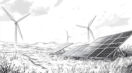 A drawing of a solar farm with a wind farm in the background