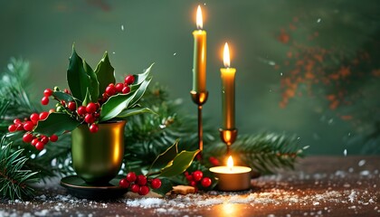 Festive ambiance with elegant chalice and glowing candles surrounded by holiday greenery for Christmas and New Year celebration designs