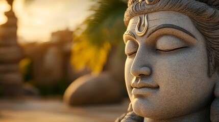 A closeup of Lord Shiva s face, adorned with a crescent moon and third eye, exuding calm and power, surrounded by a soft divine glow