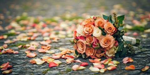 A bridal bouquet of peach roses and petals.