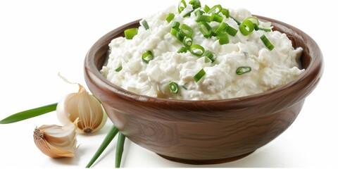 Poster - A traditional wooden bowl filled with creamy mashed potatoes and fresh green onions, perfect for rustic or vintage-themed photography