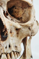 Poster - A close-up view of a skull on a table, great for use in scenes involving mystery, horror, or the supernatural