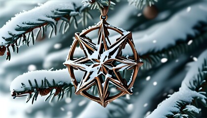 Mystical winter scene featuring intricate pentagram pendant surrounded by snowy evergreen sprigs, perfect for holiday posters and greeting cards.