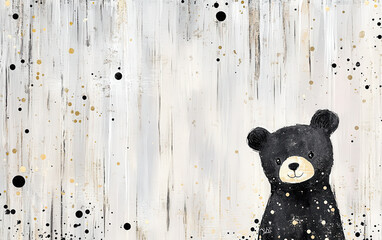 Poster - Charming artwork featuring a cute black bear against a textured, abstract background with splashes of gold and white accents.