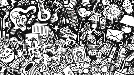 Poster - A black and white drawing featuring various objects