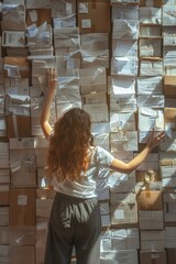 Poster - A woman stands in front of a stacked box wall, possibly in a warehouse or storage area