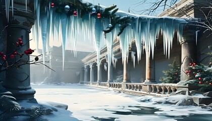 Wall Mural - Enchanting icicles adorn ancient architecture by a frozen pond, capturing the essence of winter celebrations and holiday cheer for festive postcards and banners