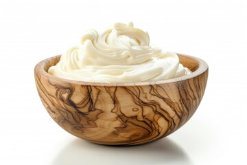 Poster - A wooden bowl filled with whipped cream on a white background