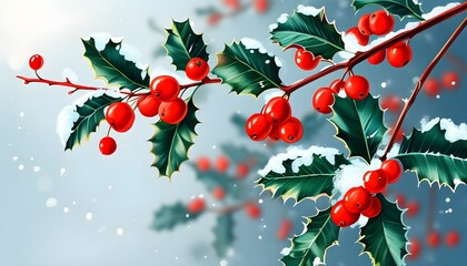 Winter holly branches adorned with bright red berries, festive nature illustration perfect for Christmas and New Year celebrations, ideal for wallpaper or greeting cards