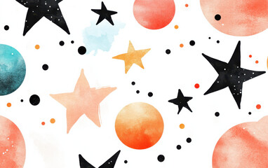 Poster - Colorful watercolor stars and circles pattern on white background, perfect for abstract designs and creative projects.