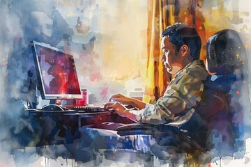 Canvas Print - A person sitting in front of a laptop computer, possibly working or studying