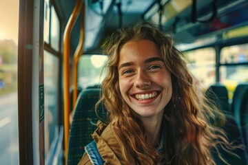 Poster - A person enjoying the ride on a city bus with a happy expression