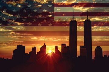 Canvas Print - A beautiful sunset with the American flag waving in the foreground