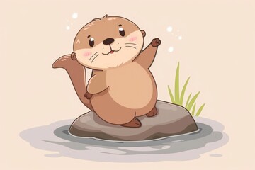 Poster - A cartoon otter perched on top of a rocky outcropping