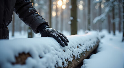 Wall Mural - A person is touching a log covered in snow