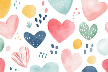 Poster - Vibrant watercolor pattern with hearts, dots, and abstract shapes. Bold, colorful design ideal for backgrounds, invitations, and creative projects.