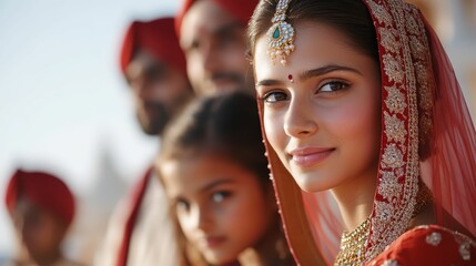 An Indian bride adorned in traditional jewelry and a red saree, her face glowing with happiness and anticipation