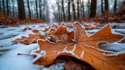 Canvas Print - Close-up of autumn leaves covered in frost on a snowy forest floor, with blurred background of bare trees on a cold, misty day.