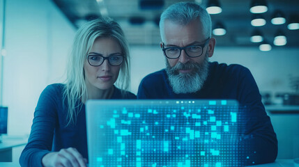 Poster - Two colleagues, a woman and a man, look at a laptop screen in a brightly lit office.