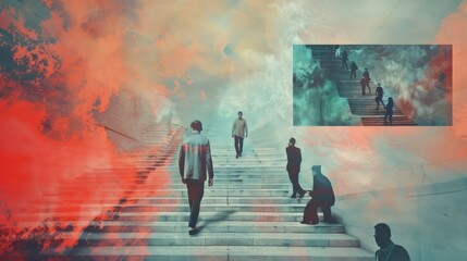 Wall Mural - People climbing stairs, going up