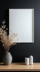 Wall Mural - White blank frame mockup and black wall and wooden floor story portrait background