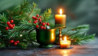 Festive ambiance with elegant chalice and glowing candles surrounded by holiday greenery for Christmas and New Year celebration designs