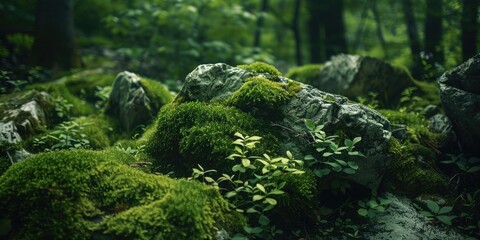 Aufkleber - A natural rock covered with moss surrounded by forest foliage, suitable for use in outdoor-themed illustrations or designs