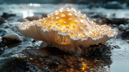 Poster - Golden Mushroom with Dew Drops - Nature Photography