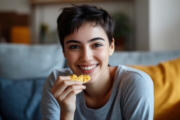 Wall Mural - Positive young female with short hair wearing gray t shirt smiling while eating healthy snack on comfortable sofa at home , ai