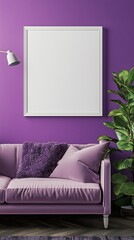 Wall Mural - White blank frame mockup and purple wall and wooden floor living room story portrait background