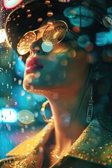 Poster - A woman wears glasses and a hat while getting wet in the rain