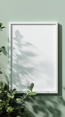 Wall Mural - White blank frame mockup and green wall and wooden floor living room story portrait background