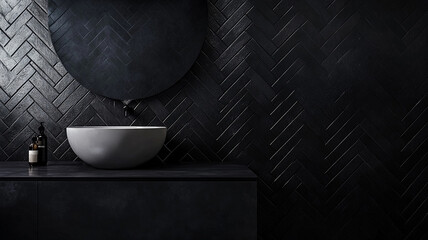 Wall Mural - Black wall  in the interior of a modern bathroom with a round mirror, and a sink on a cabinet.