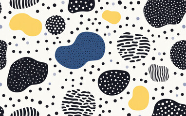 Poster - Abstract pattern with black, blue, yellow shapes and dots on white background. Modern, artistic, and playful design.