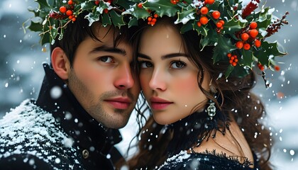 Wall Mural - Victorian winter romance with mistletoe and snowfall, celebrating New Year and Christmas in a cozy holiday setting perfect for greeting cards or posters