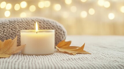 Wall Mural - Cozy Atmosphere: A Soft Knit Blanket Nestled Beside a Flickering Candle, Evoking Warmth and Serenity in a Relaxing Indoor Space