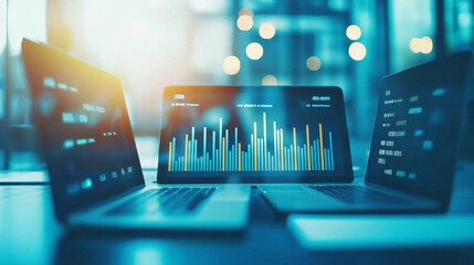 Poster - Three laptops displaying financial data and charts.