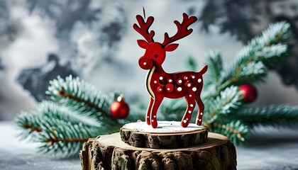 Wall Mural - Charming wooden reindeer figurine adorned with a red bow amidst spruce branches, capturing the essence of Christmas and New Year for card and poster designs