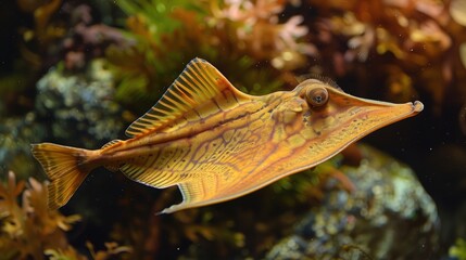 A stunningly detailed underwater photograph featuring a uniquely shaped and vividly colored fish swimming amidst vibrant aquatic plants and coral formations, showcasing the beauty of marine life