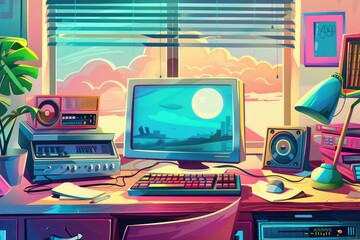 Wall Mural - A desktop computer sits atop a wooden desk with a minimalistic background