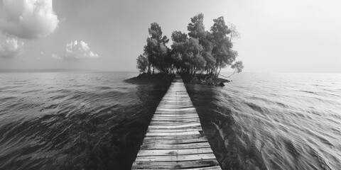 Poster - A serene scene with a long wooden dock stretching out over the surface of a peaceful body of water