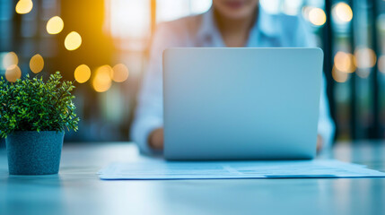 Wall Mural - A woman works on her laptop in a well-lit office.