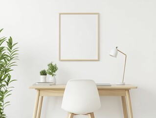 Sticker - Minimalist Workspace with Wooden Desk, Potted Plant, and Clean White Wall Background for a Tranquil and Organized Atmosphere