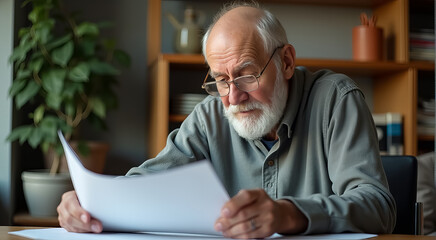 Wall Mural - An older man is sitting at a table reading a piece of paper