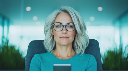 Wall Mural - Confident woman with gray hair working on a phone.