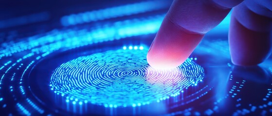 Poster - A close-up of a finger touching a glowing fingerprint scanner, symbolizing security and technology in modern authentication.