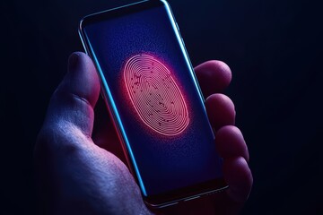 Poster - A close-up of a hand holding a smartphone, featuring a glowing fingerprint scanner in vibrant colors against a dark background.