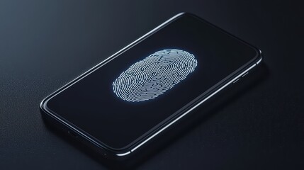 Poster - A close-up of a smartphone displaying a digital fingerprint on the screen, symbolizing secure authentication technology.