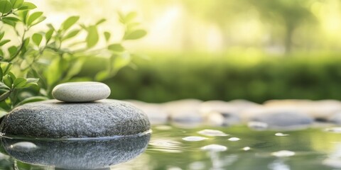 Poster - Serene Zen Garden: Tranquil Pathway Surrounded by Lush Greenery, Peaceful Stones, and Soothing Water Features for a Calming Escape into Nature’s Embrace