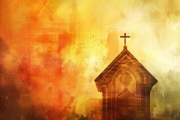 Aufkleber - A traditional church building with a prominent steeple and a cross on top, suitable for backgrounds or illustrations